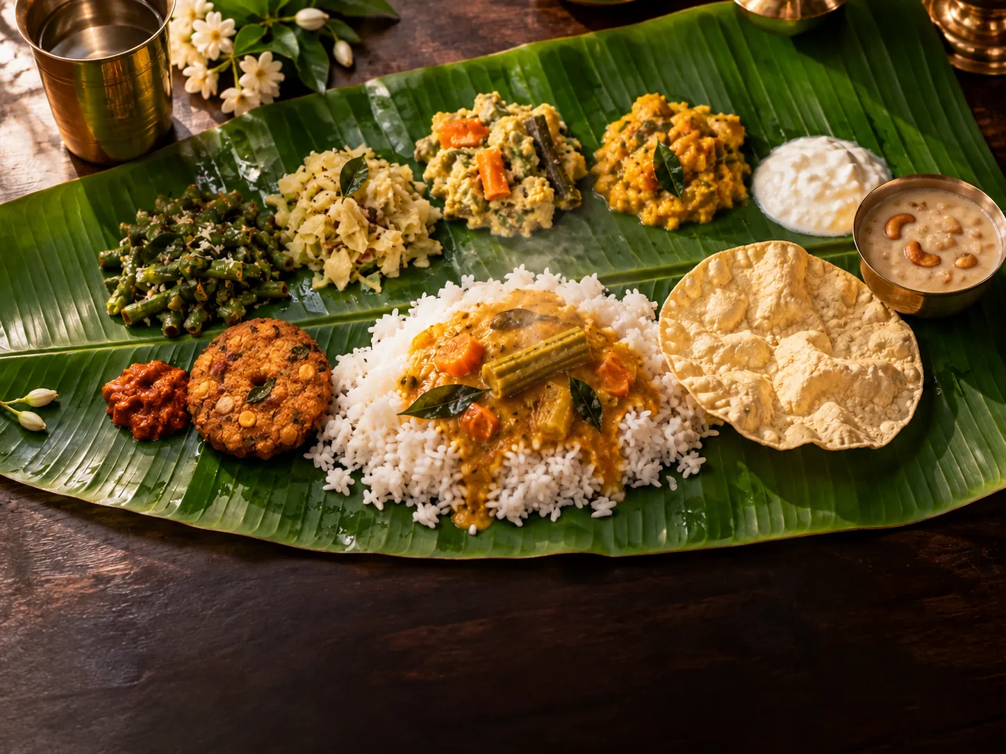 Vegetarian banana-leaf meal with rice, sambar, poriyal, vada, appalam and payasam