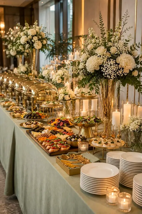 Reception buffet with white floral arrangements, candles and stacked plates
